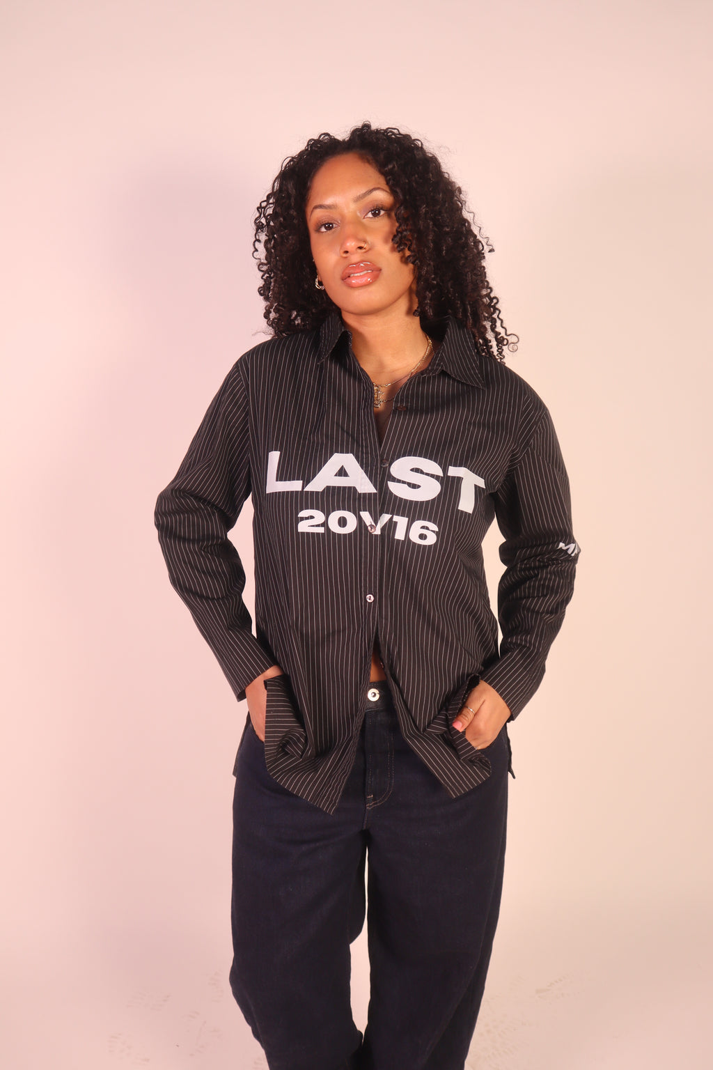 Black Stripped Sleeve Button Down