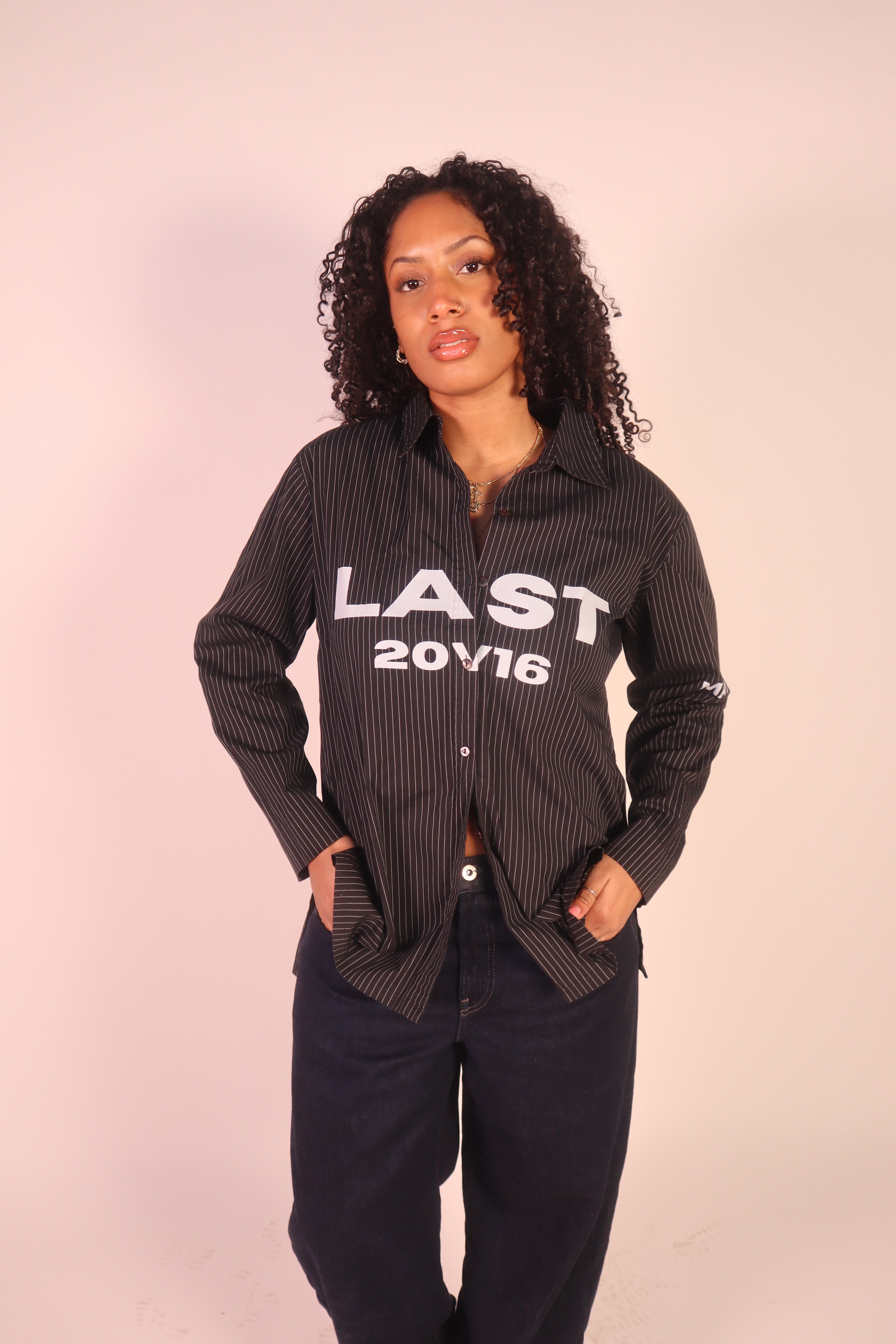 Black Stripped Sleeve Button Down