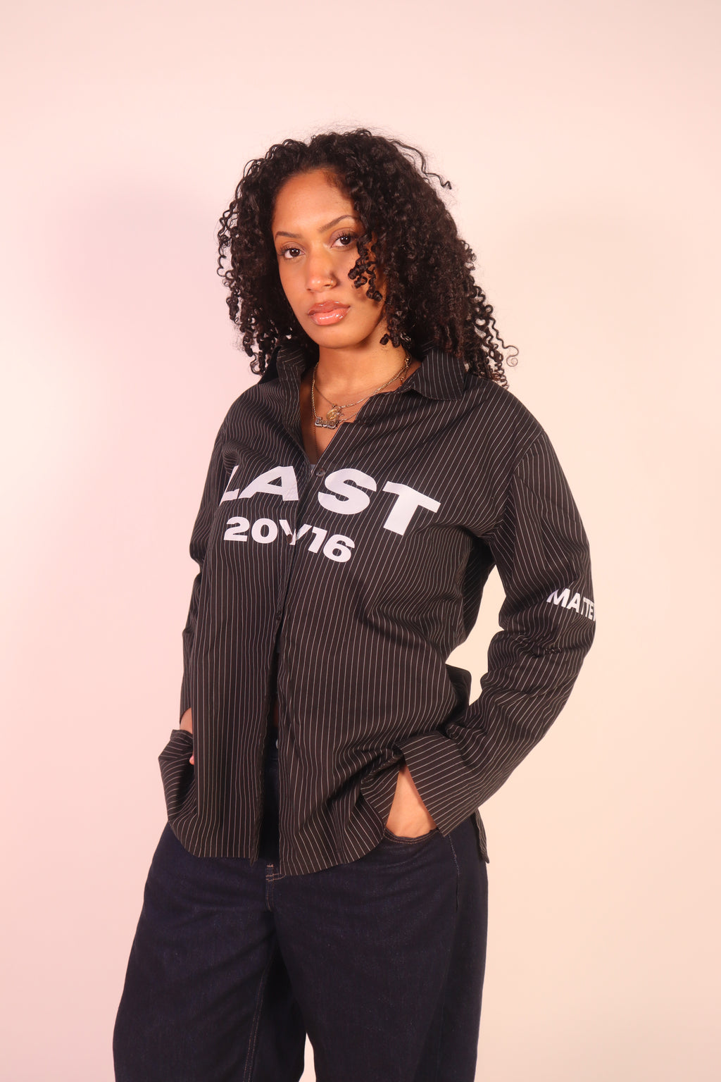 Black Stripped Sleeve Button Down